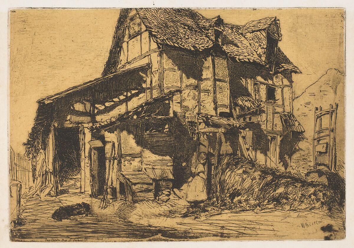 The Unsafe Tenement (The Old Farm), James McNeill Whistler (American, Lowell, Massachusetts 1834–1903 London), Etching on tan chine on white wove paper (chine collé); third state of four (Glasgow) 