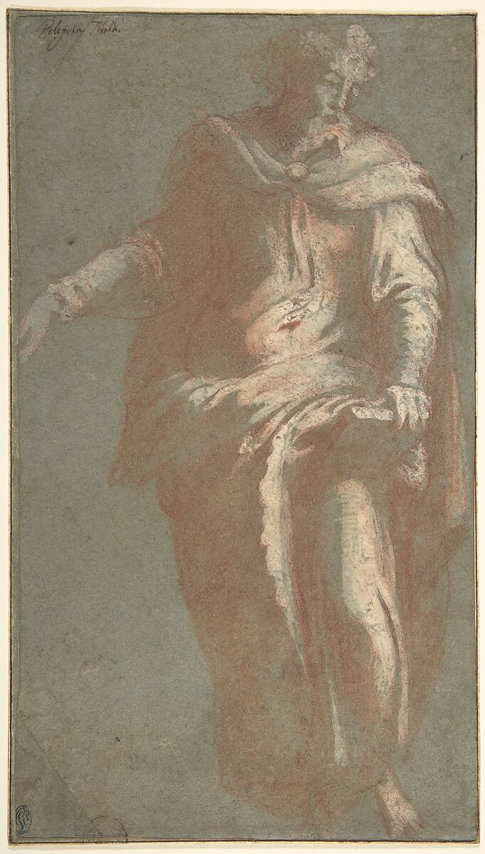 Standing Bearded Man Holding a Book, Anonymous, Italian, second half of the 16th century, Red chalk, highlighted with white gouache, on blue-green paper 