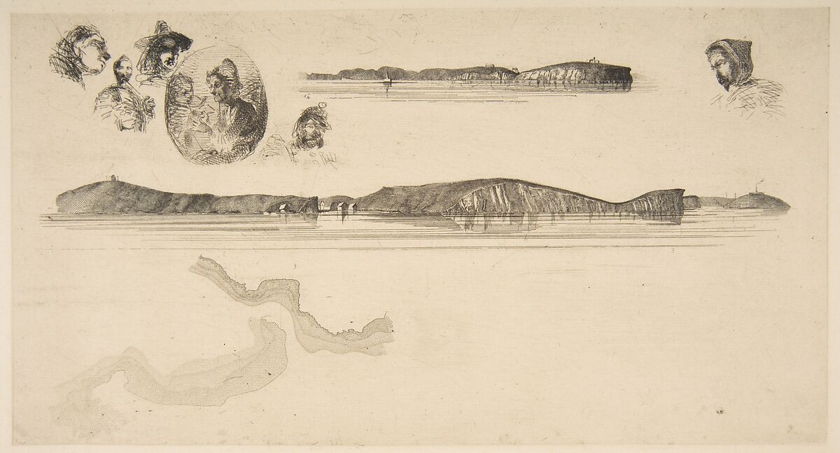 Sketches on the Coast Survey Plate, James McNeill Whistler (American, Lowell, Massachusetts 1834–1903 London), Etching, printed in black ink on a complete sheet of linen-textured ivory laid paper with MBM watermark appearing twice; only state (Glasgow) 