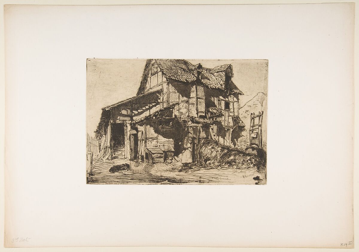 The Unsafe Tenement (The Old Farm), James McNeill Whistler (American, Lowell, Massachusetts 1834–1903 London), Etching, printed in black ink on gray chine on white wove paper (chine collé); third state of four (Glasgow)
