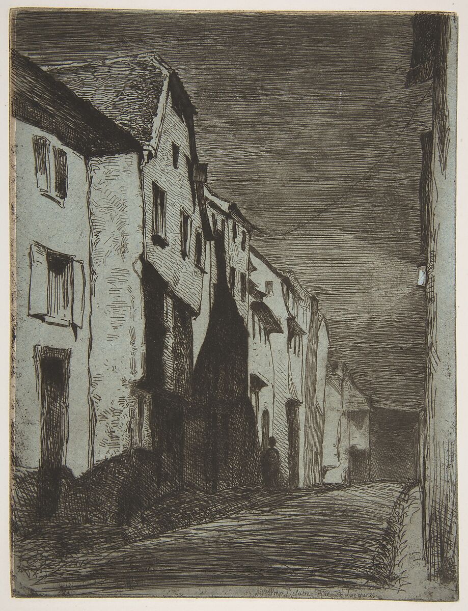 Street at Saverne, James McNeill Whistler (American, Lowell, Massachusetts 1834–1903 London), Etching and open bite or sandpaper ground, printed in black ink on blue chine on off-white wove paper (chine collé); third state of four (Glasgow) 