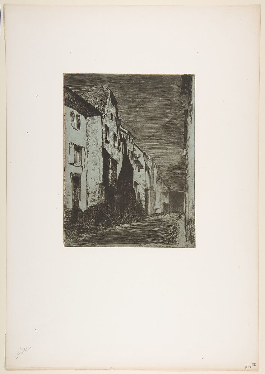 Street at Saverne, James McNeill Whistler (American, Lowell, Massachusetts 1834–1903 London), Etching and open bite or sandpaper ground, printed in black ink on blue chine on off-white wove paper (chine collé); third state of four (Glasgow)