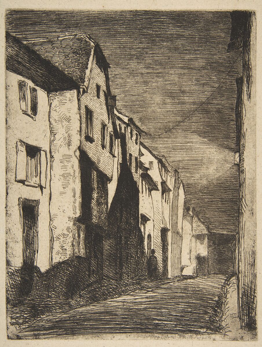 Street at Saverne, James McNeill Whistler (American, Lowell, Massachusetts 1834–1903 London), Etching, printed in black ink on heavy pale gray textured paper with (faded) blue fibers; third state of four (Glasgow) 