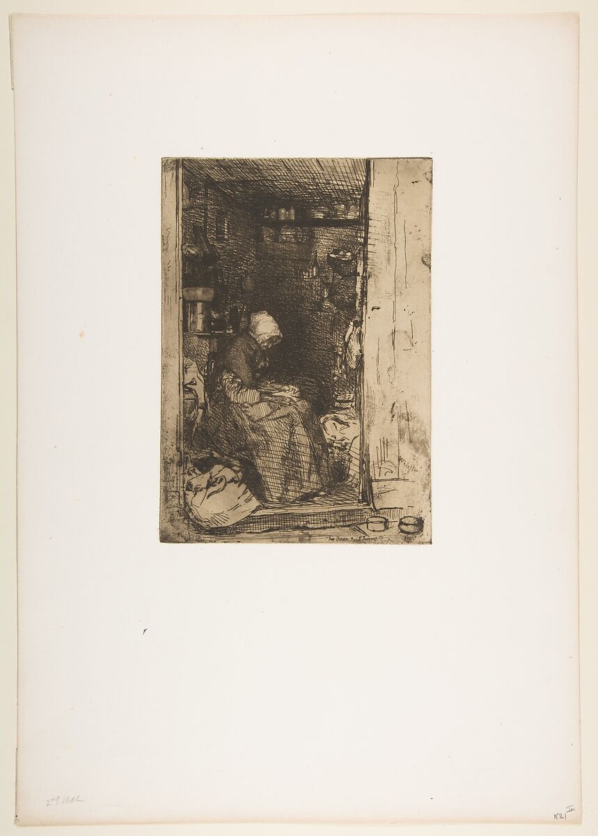 La Vielle aux Loques, James McNeill Whistler (American, Lowell, Massachusetts 1834–1903 London), Etching and drypoint, printed in black ink on gray chine on off-white wove paper (chine collé); third state of four (Glasgow)