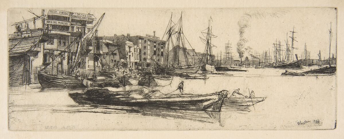 Thames Warehouses, James McNeill Whistler (American, Lowell, Massachusetts 1834–1903 London), Etching and drypoint, printed in black ink on extremely fine laid Japan paper; fifth state of five (Glasgow) 
