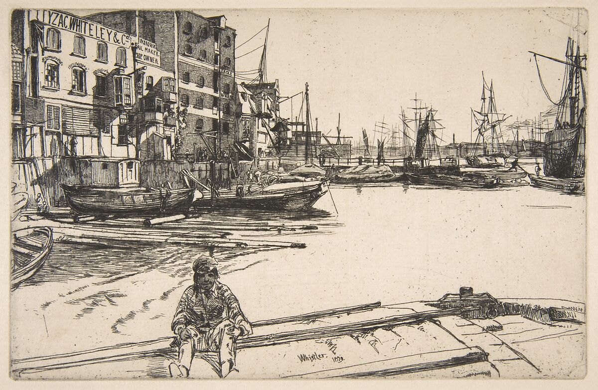 Eagle Wharf, James McNeill Whistler (American, Lowell, Massachusetts 1834–1903 London), Etching, printed in black ink on medium weight fibrous oriental laid paper; only state (Glasgow) 