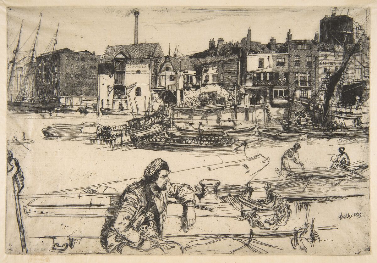 Black Lion Wharf, James McNeill Whistler (American, Lowell, Massachusetts 1834–1903 London), Etching, printed in black ink on extremely fine cream Japan paper; fourth state of four (Glasgow) 