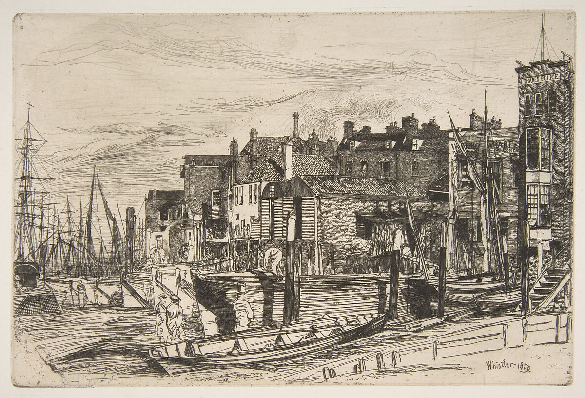 Thames Police (Wapping Wharf), James McNeill Whistler (American, Lowell, Massachusetts 1834–1903 London), Etching, printed in black ink on medium weight ivory laid paper; fifth state of five (Glasgow) 