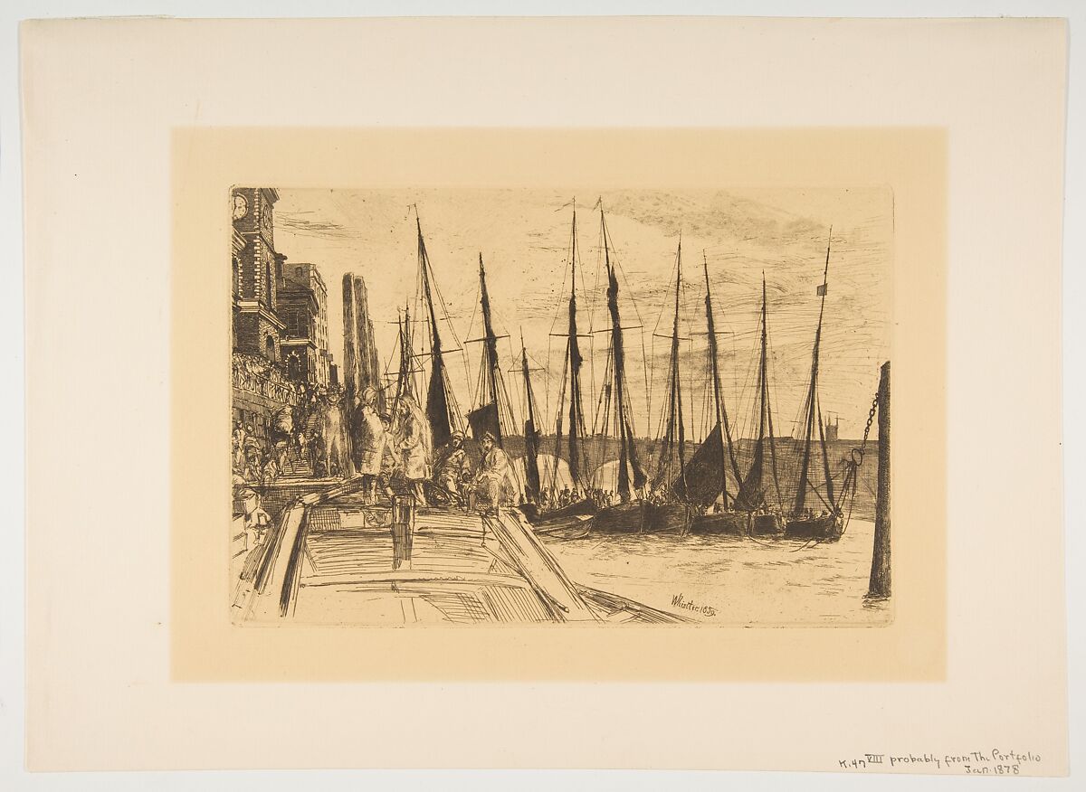 Billingsgate, James McNeill Whistler (American, Lowell, Massachusetts 1834–1903 London), Etching and drypoint, printed in black ink on modern cream colored medium weight laid paper; eighth state of nine (Glasgow), probably as published in "The Portfolio" in 1878
