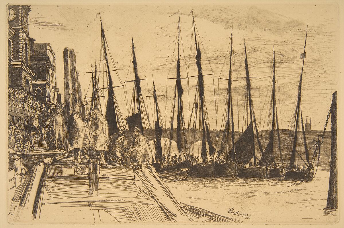 Billingsgate, James McNeill Whistler (American, Lowell, Massachusetts 1834–1903 London), Etching and drypoint, printed in black ink on modern cream colored medium weight laid paper; eighth state of nine (Glasgow), probably as published in "The Portfolio" in 1878 