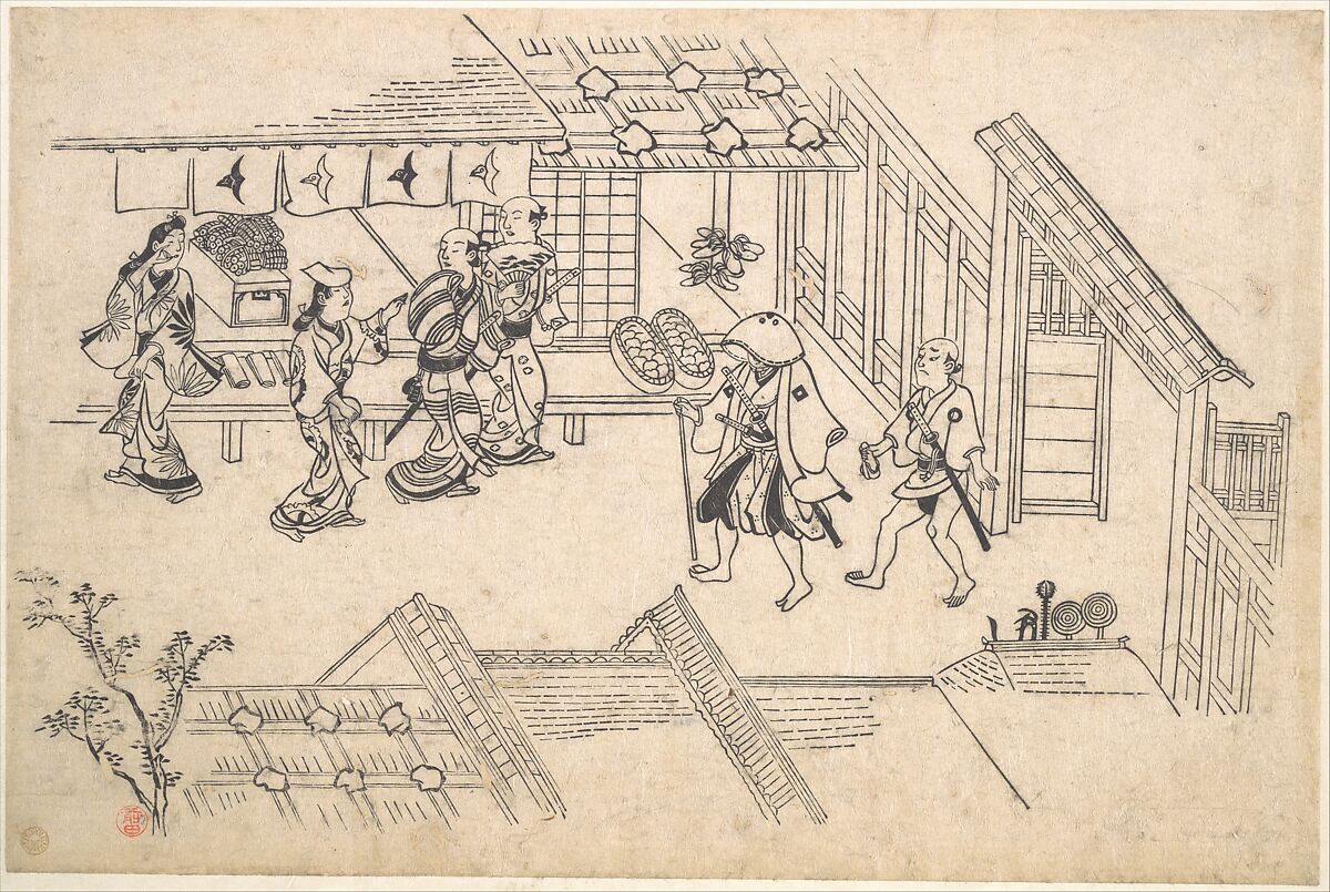 The Entrance to Ageya-machi, from the series Scenes in the Yoshiwara (Yoshiwara no tei), Hishikawa Moronobu 菱川師宣 (Japanese, 1618–1694), Woodblock print (sumizuri-e); ink on paper, Japan 