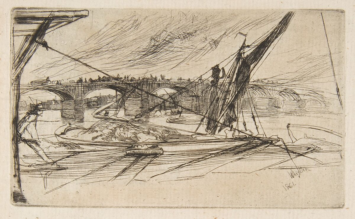Vauxhall Bridge, James McNeill Whistler (American, Lowell, Massachusetts 1834–1903 London), Etching and drypoint, printed in black ink on medium-light weight off-white antique laid paper; second state of two (Glasgow) 