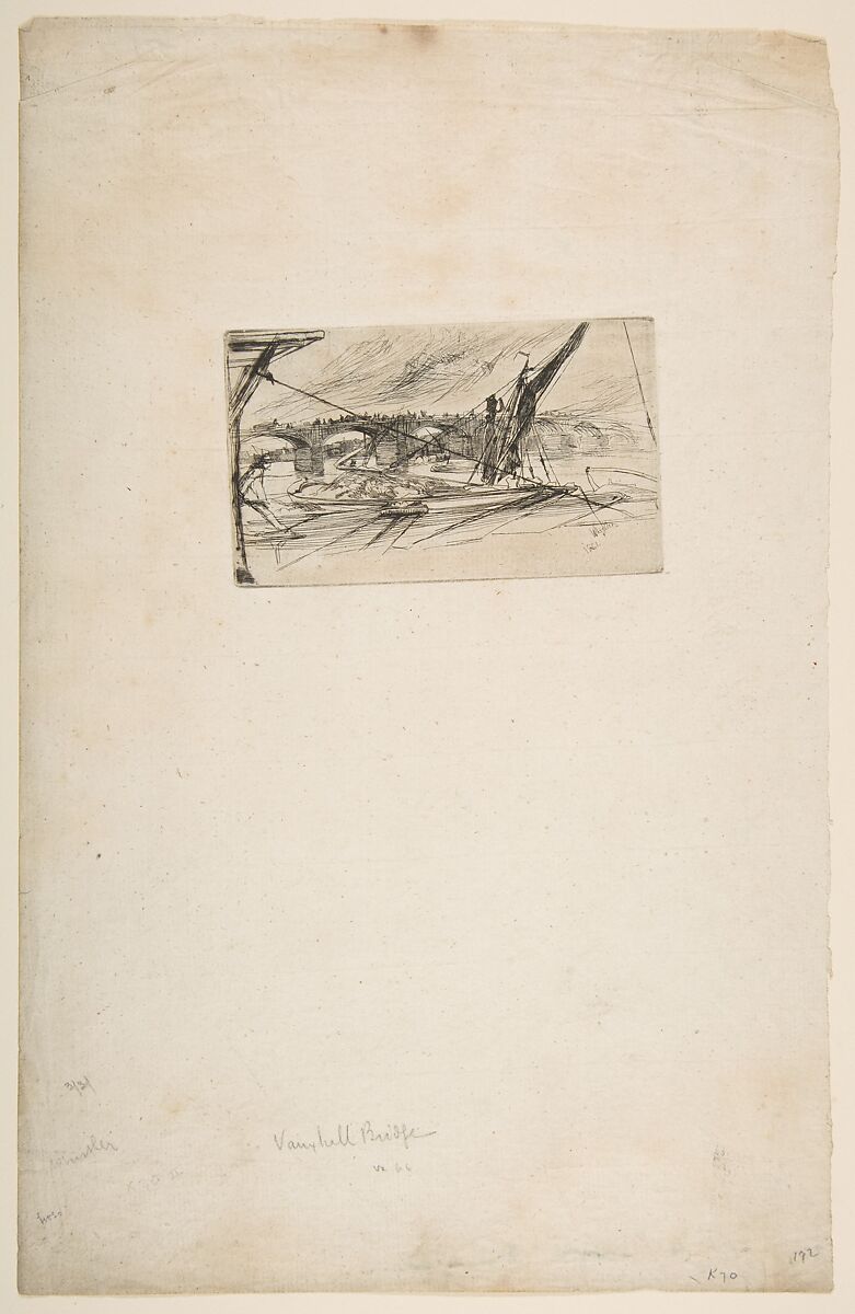Vauxhall Bridge, James McNeill Whistler (American, Lowell, Massachusetts 1834–1903 London), Etching and drypoint, printed in black ink on medium-light weight off-white antique laid paper; second state of two (Glasgow)