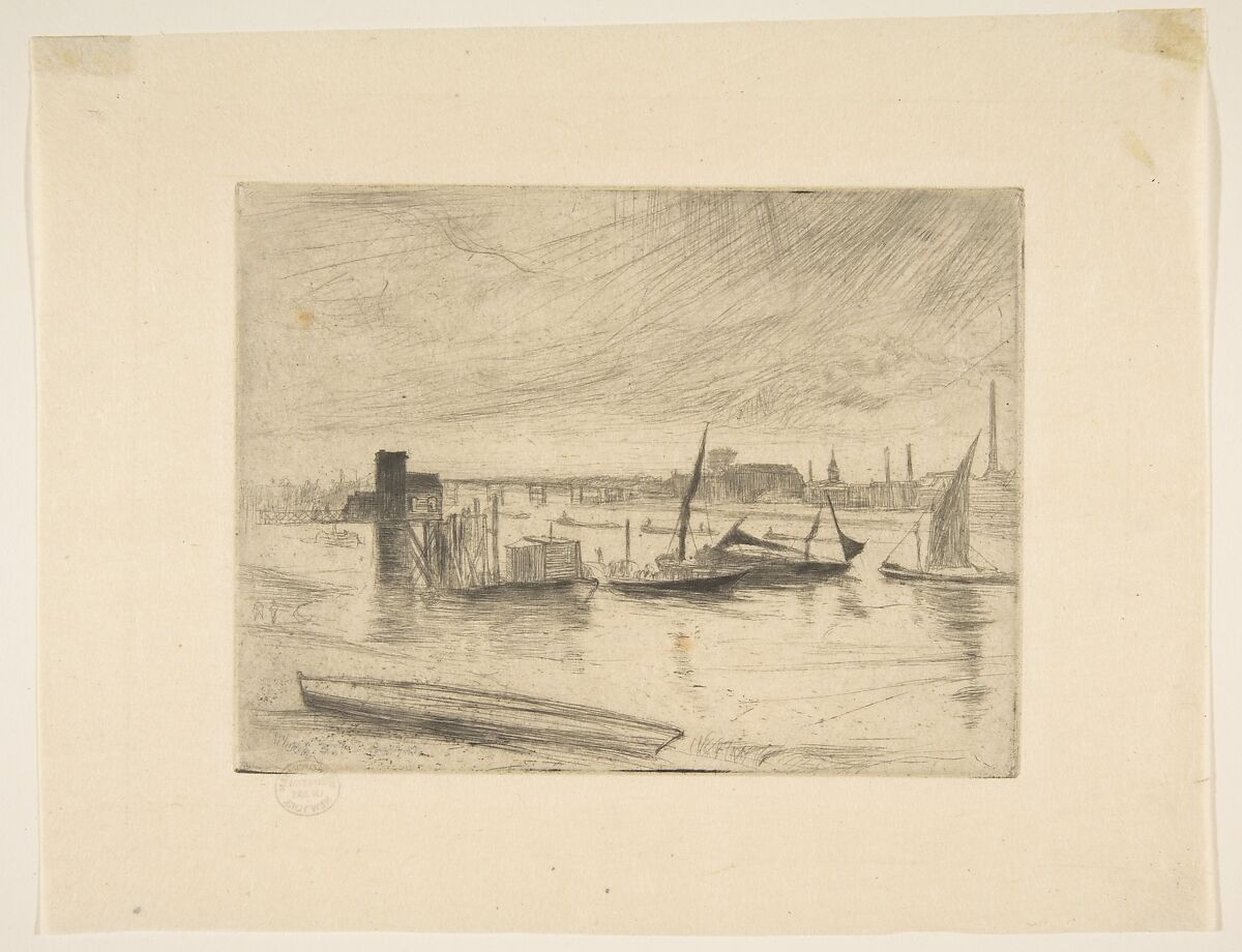 Early Morning, Battersea (Battersea Dawn) (Cadogan Pier), James McNeill Whistler (American, Lowell, Massachusetts 1834–1903 London), Etching and drypoint, printed in black ink on cream laid Japan; second state of two (Glasgow)