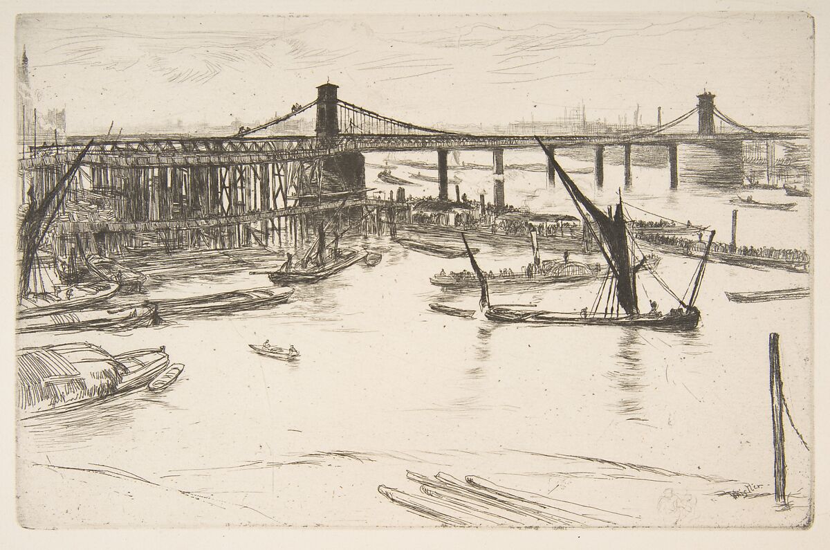 Old Hungerford Bridge, James McNeill Whistler (American, Lowell, Massachusetts 1834–1903 London), Etching and drypoint, printed in black ink on medium weight cream laid paper; third state of four (Glasgow) 
