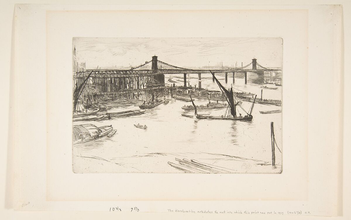 Old Hungerford Bridge, James McNeill Whistler (American, Lowell, Massachusetts 1834–1903 London), Etching and drypoint, printed in black ink on medium weight cream laid paper; third state of four (Glasgow)