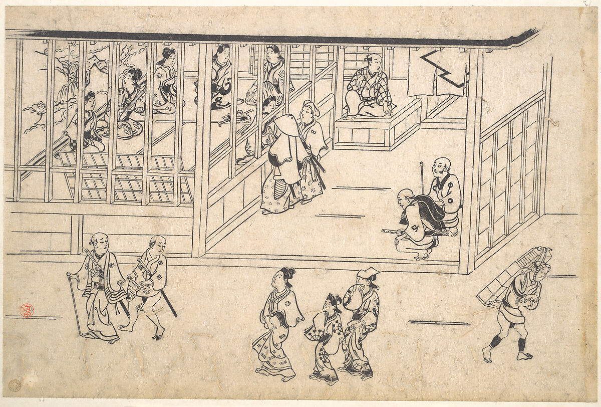Street scene in the Yoshiwara, Hishikawa Moronobu 菱川師宣 (Japanese, 1618–1694), Monochrome woodblock print; ink on paper, Japan 
