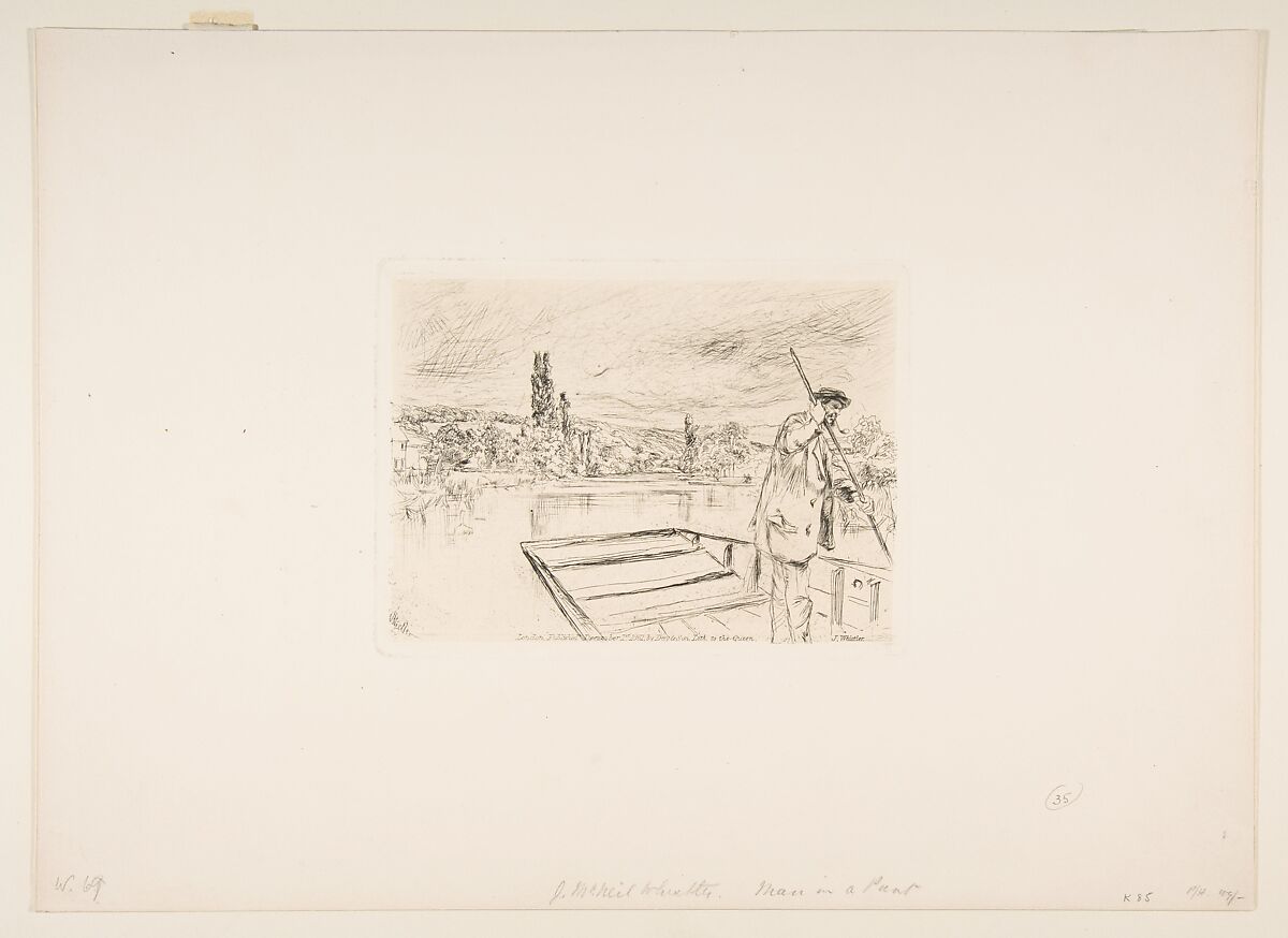 The Punt, James McNeill Whistler (American, Lowell, Massachusetts 1834–1903 London), Etching and drypoint on ivory chine mounted on heavy cream wove paper (chine collé); fourth state of six (Glasgow)