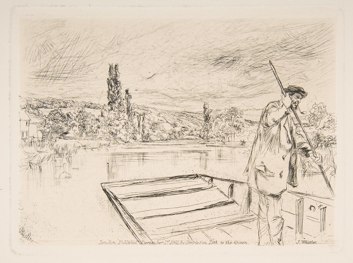 The Punt, James McNeill Whistler (American, Lowell, Massachusetts 1834–1903 London), Etching and drypoint on ivory chine mounted on heavy cream wove paper (chine collé); fourth state of six (Glasgow) 