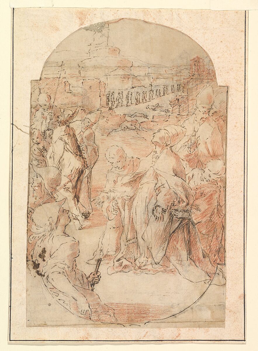 The Consecration of the Site of a Church in Rome by a Pope ("The Miracle of Saint Mary of the Snows"?), Attributed to Giovanni Lanfranco (Italian, Parma 1582–1647 Rome), Pen and brown ink, over red chalk, some black chalk, and ruled construction; patches of paper with corrections pasted by the artist 