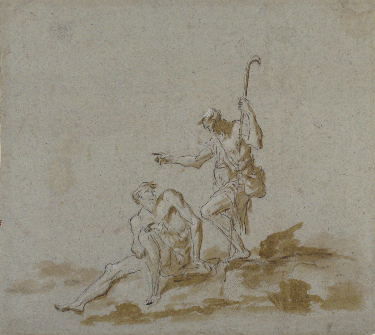 A Shepherd Addressing a Seated Male Nude, Alessandro Magnasco (Italian, Genoa 1667–1749 Genoa), Pen and brown ink, brush and brown wash, highlighted with white gouache, over black chalk, on blue paper