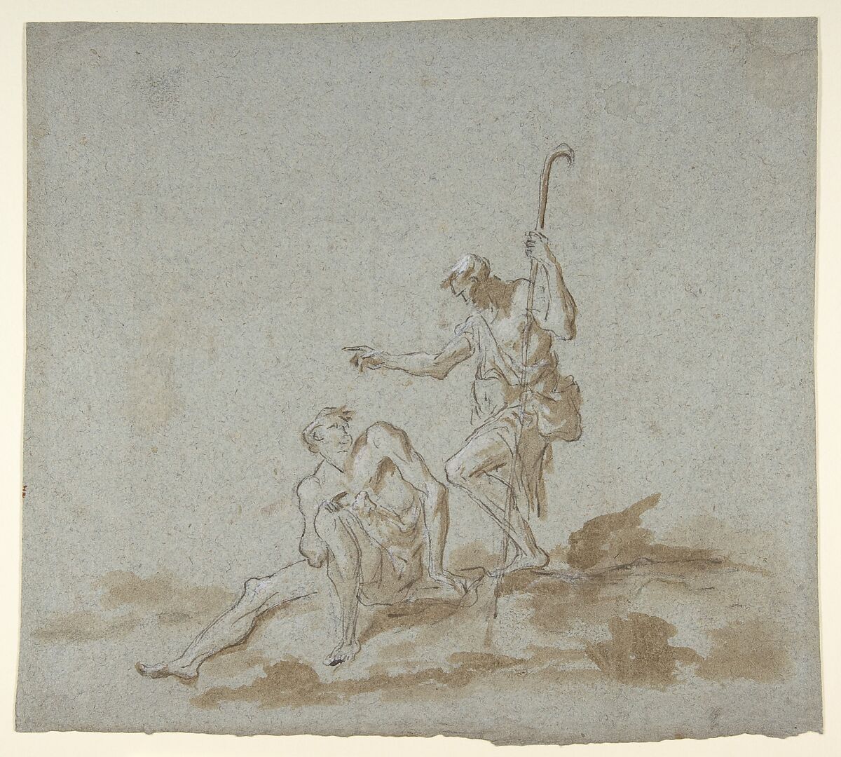 A Shepherd Addressing a Seated Male Nude, Alessandro Magnasco (Italian, Genoa 1667–1749 Genoa), Pen and brown ink, brush and brown wash, highlighted with white gouache, over black chalk, on blue paper 