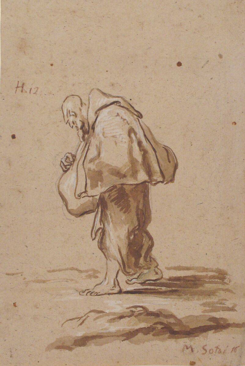 Standing Pilgrim Friar, Alessandro Magnasco (Italian, Genoa 1667–1749 Genoa), Brush and brown wash, highlighted with white gouache, on light tan paper