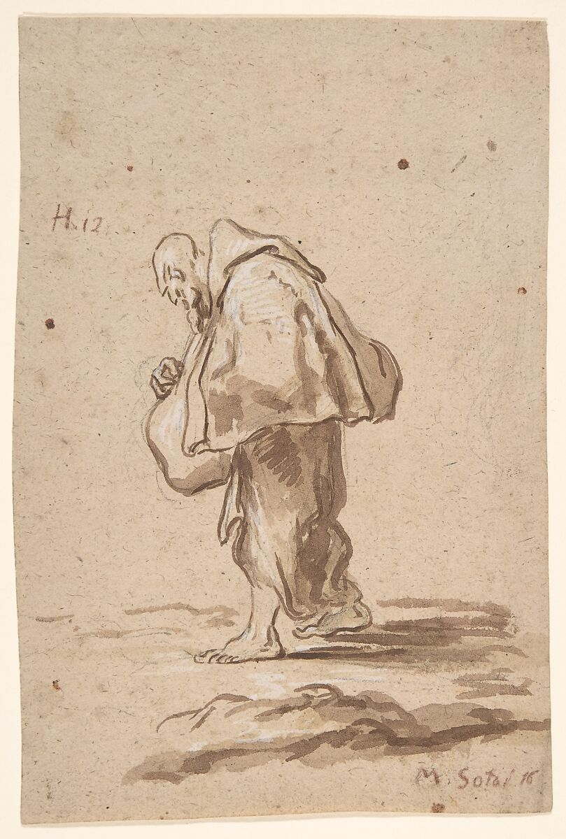 Standing Pilgrim Friar, Alessandro Magnasco (Italian, Genoa 1667–1749 Genoa), Brush and brown wash, highlighted with white gouache, on light tan paper 