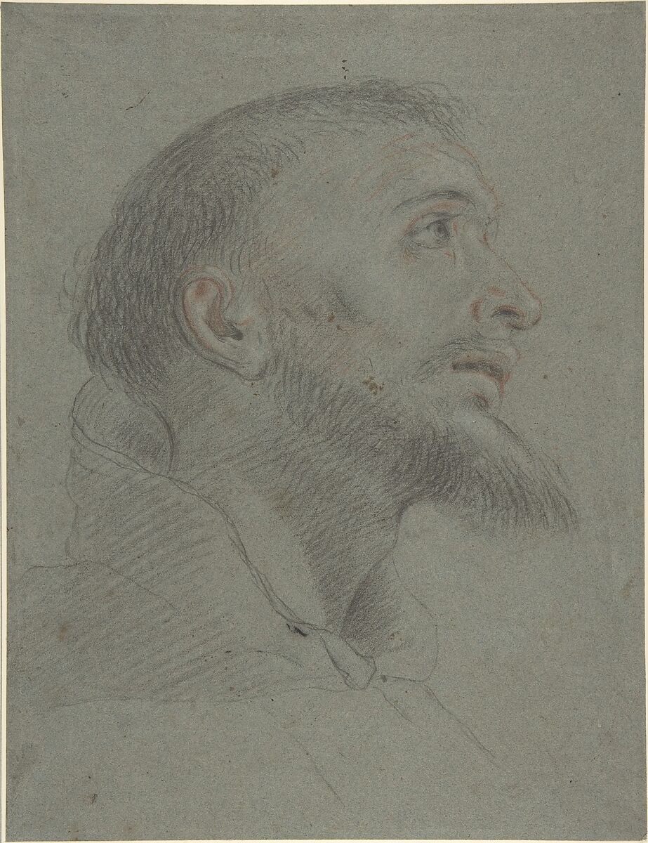 Bust-Length Study for the Head of Saint Francis in Near Profile Facing Right, Anonymous, Italian, Bolognese, 17th century, Black and red chalk, traces of white chalk, on blue paper 