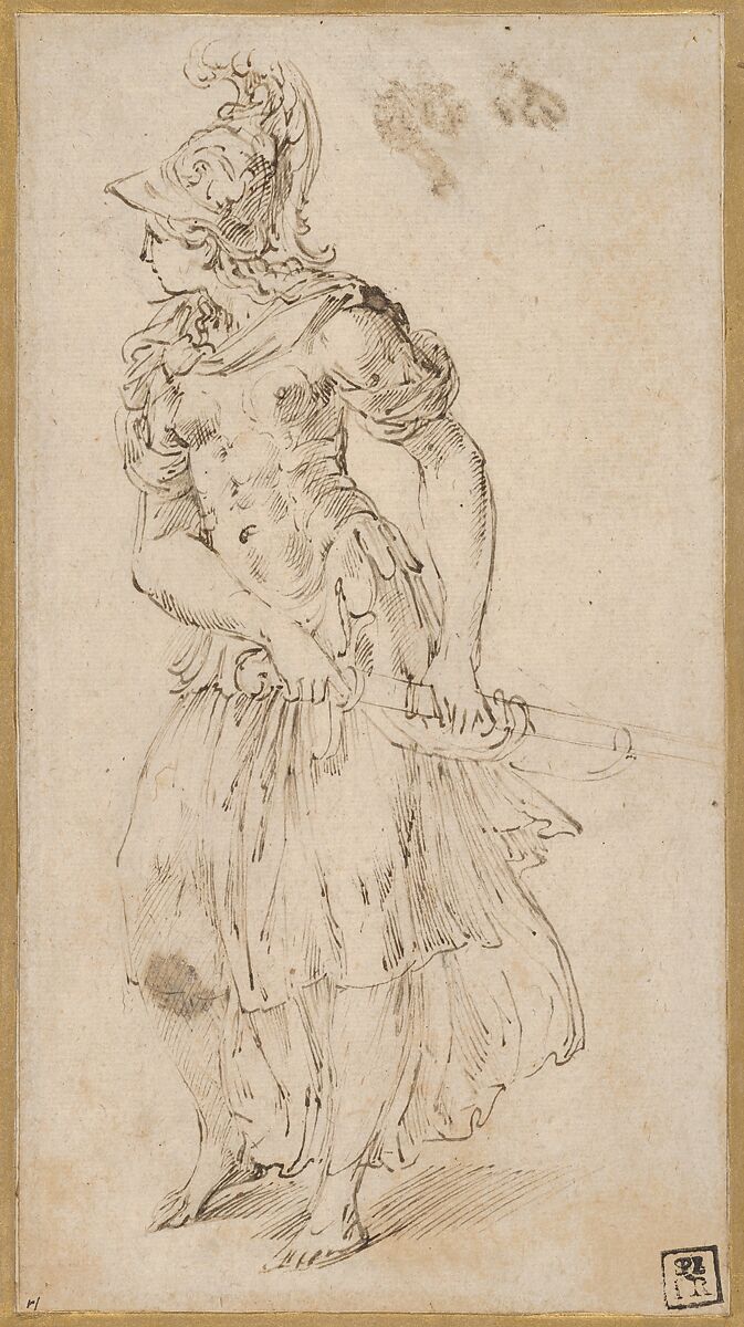 Standing Female Figure in Armor Drawing Her Sword (Minerva or Bellona), Parmigianino (Girolamo Francesco Maria Mazzola) (Italian, Parma 1503–1540 Casalmaggiore), Pen and brown ink, over traces of black chalk 