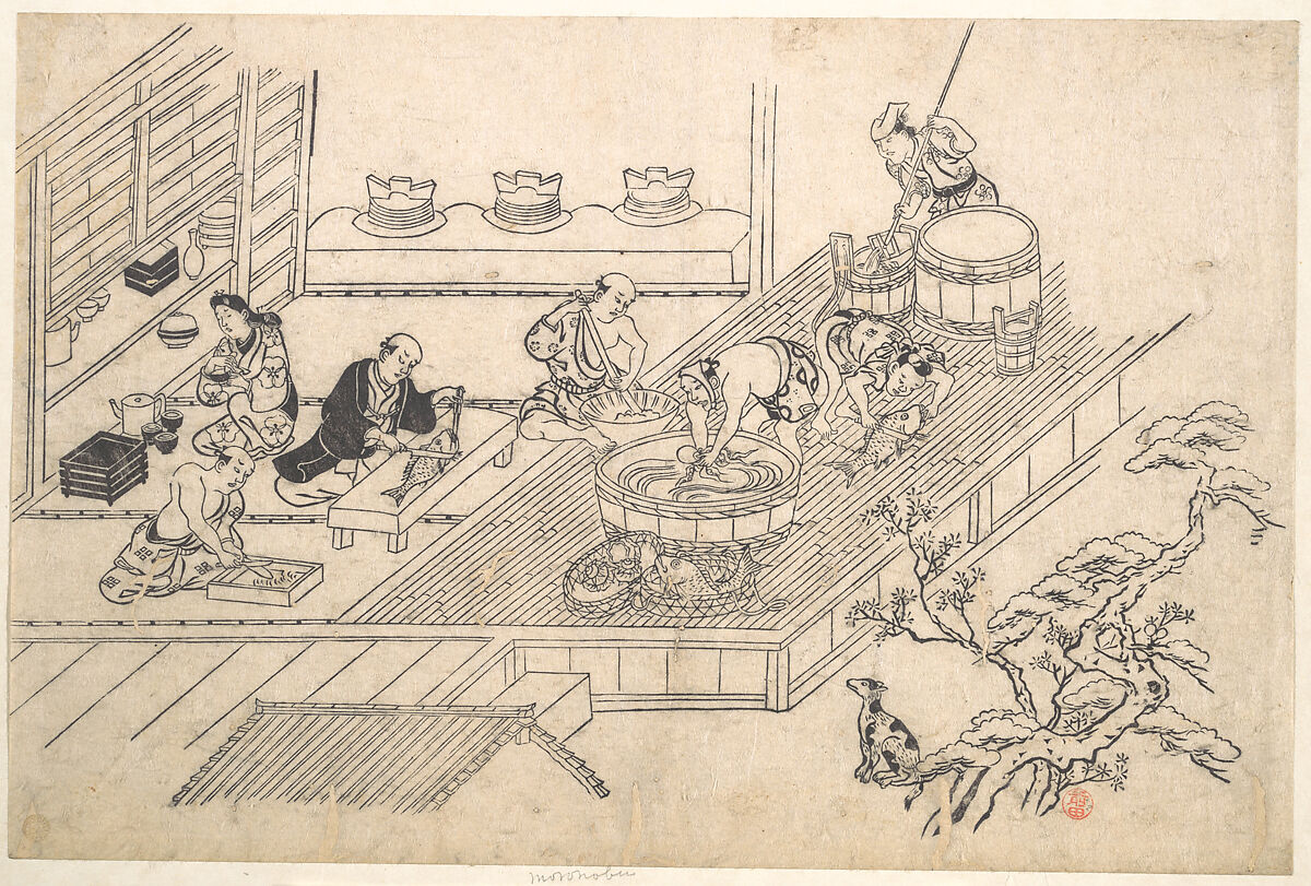 The Kitchen of a Joroya., Hishikawa Moronobu 菱川師宣 (Japanese, 1618–1694), Woodblock print; ink and color on paper, Japan 
