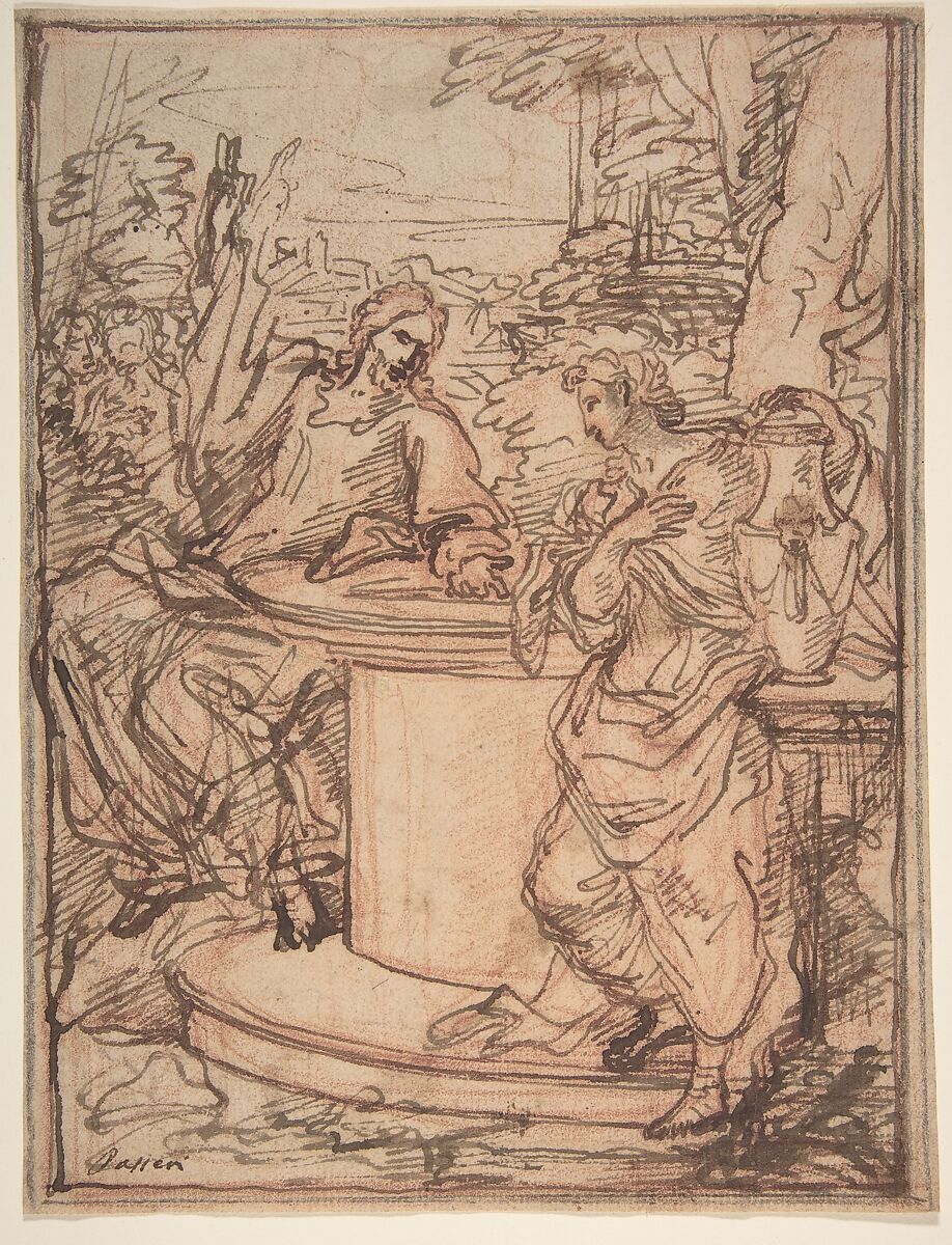 Christ and the Samaritan Woman at the Well, Giuseppe Passeri (Passari) (Italian, Rome 1654–1714 Rome), Pen and brown ink, over red chalk; framing lines in red chalk, black chalk, and pen and ink, all probably by the artist 