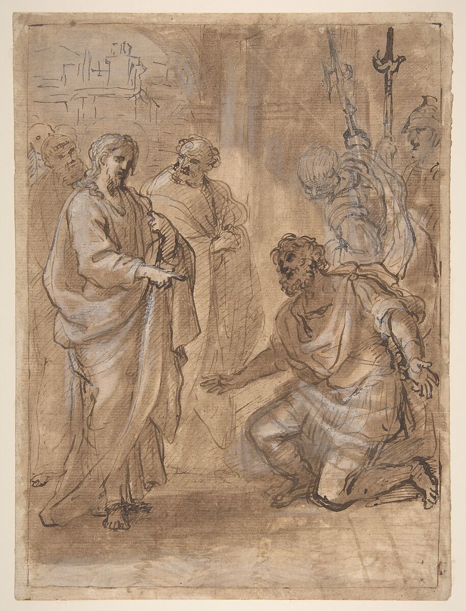 Christ and the Centurion (recto); Figure Waving to Departing Ship (verso), Giuseppe Passeri (Passari) (Italian, Rome 1654–1714 Rome), Pen and brown ink, brush and brown wash, highlighted with white gouache 