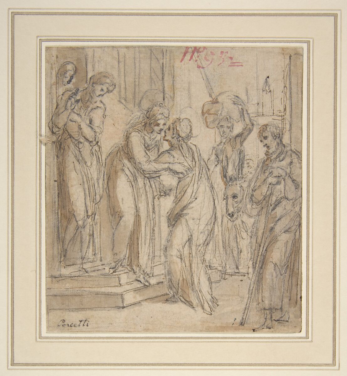 The Visitation, Bernardino Poccetti (Italian, San Marino di Valdelsa 1548–1612 Florence), Pen and brown ink, brush and brown wash, over black chalk 