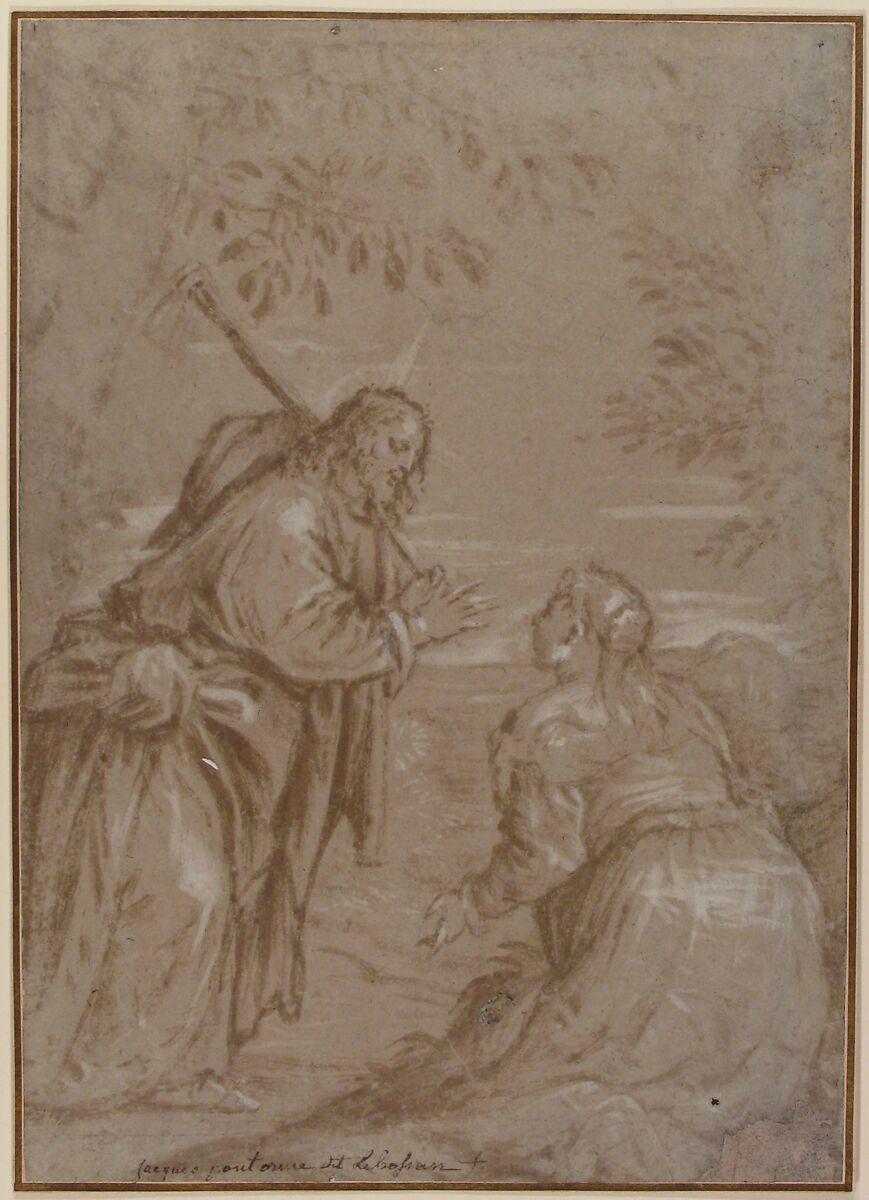 Christ Appearing to Saint Mary Magdalen ("Noli Me Tangere"), Attributed to Jacopo Bassano (Jacopo da Ponte) (Italian, Bassano del Grappa ca. 1510–1592 Bassano del Grappa), Brush and brown wash, highlighted with white gouache, over traces of black chalk