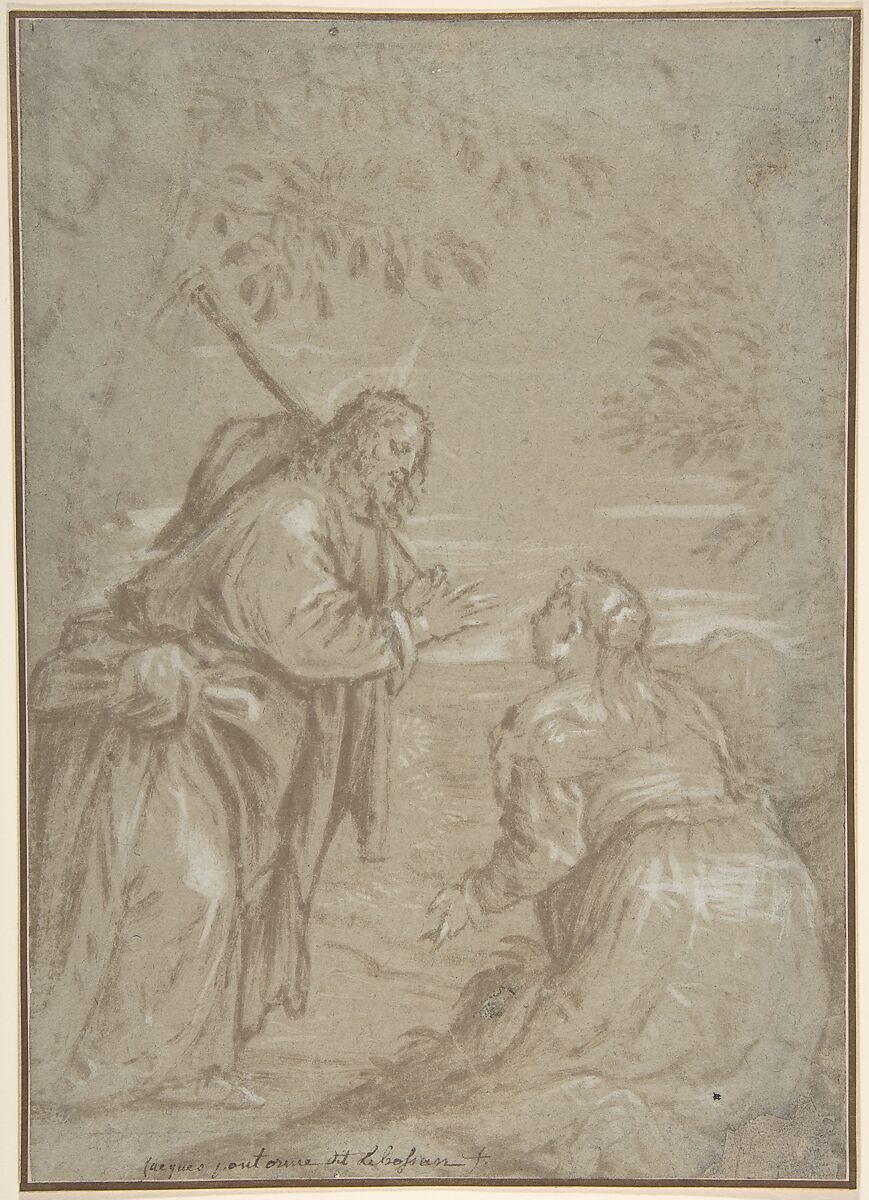 Christ Appearing to Saint Mary Magdalen ("Noli Me Tangere"), Attributed to Jacopo Bassano (Jacopo da Ponte) (Italian, Bassano del Grappa ca. 1510–1592 Bassano del Grappa), Brush and brown wash, highlighted with white gouache, over traces of black chalk, on faded pale brown-blue paper 