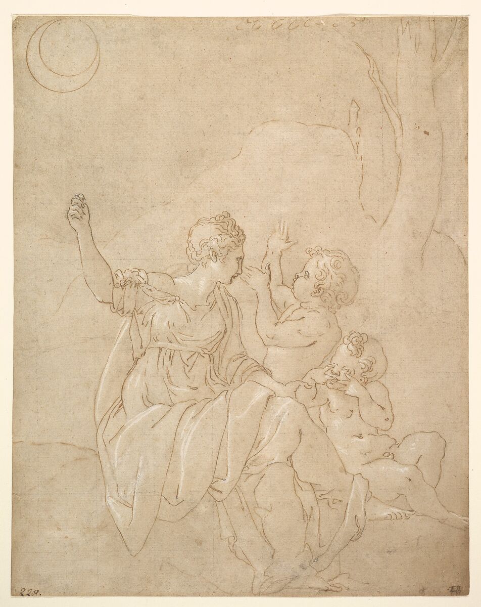 Classical Female Figure (Diana or Venus) with Two Infants, Francesco Primaticcio (Italian, Bologna 1504/5–1570 Paris), Pen and brown ink, highlighted with white gouache, over traces of black chalk, stylus and compass construction; traces of squaring in black chalk 