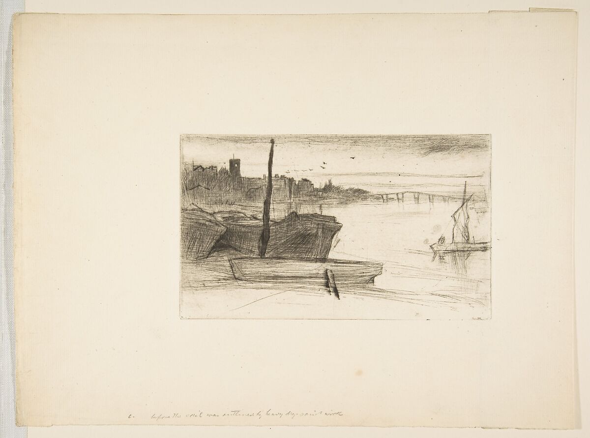 Chelsea Bridge and Church, James McNeill Whistler (American, Lowell, Massachusetts 1834–1903 London), Etching and drypoint, printed in black ink on ivory laid paper; fifth state of seven (Glasgow)