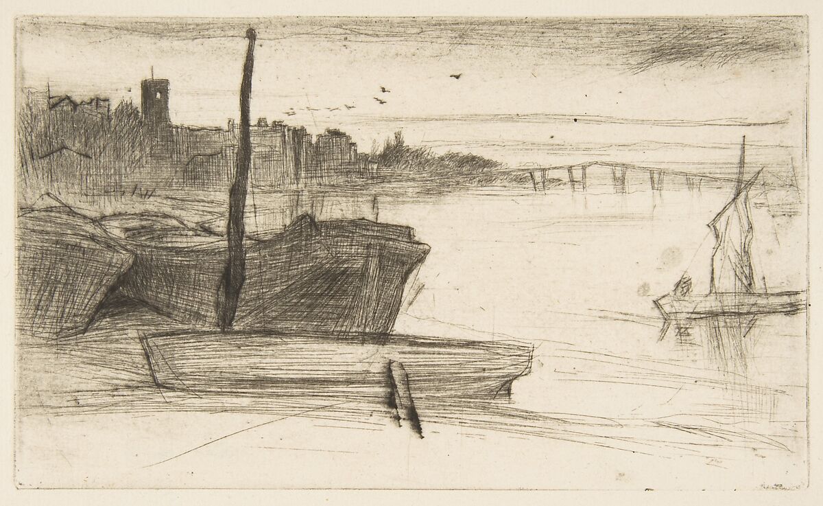 Chelsea Bridge and Church, James McNeill Whistler (American, Lowell, Massachusetts 1834–1903 London), Etching and drypoint, printed in black ink on ivory laid paper; fifth state of seven (Glasgow) 