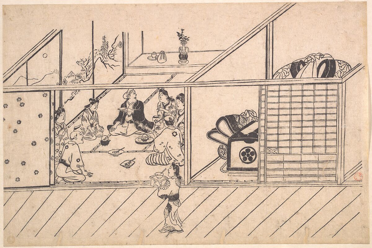 A Banquet in a Joroya, Hishikawa Moronobu 菱川師宣 (Japanese, 1618–1694), Monochrome woodblock print; ink and color on paper, Japan 