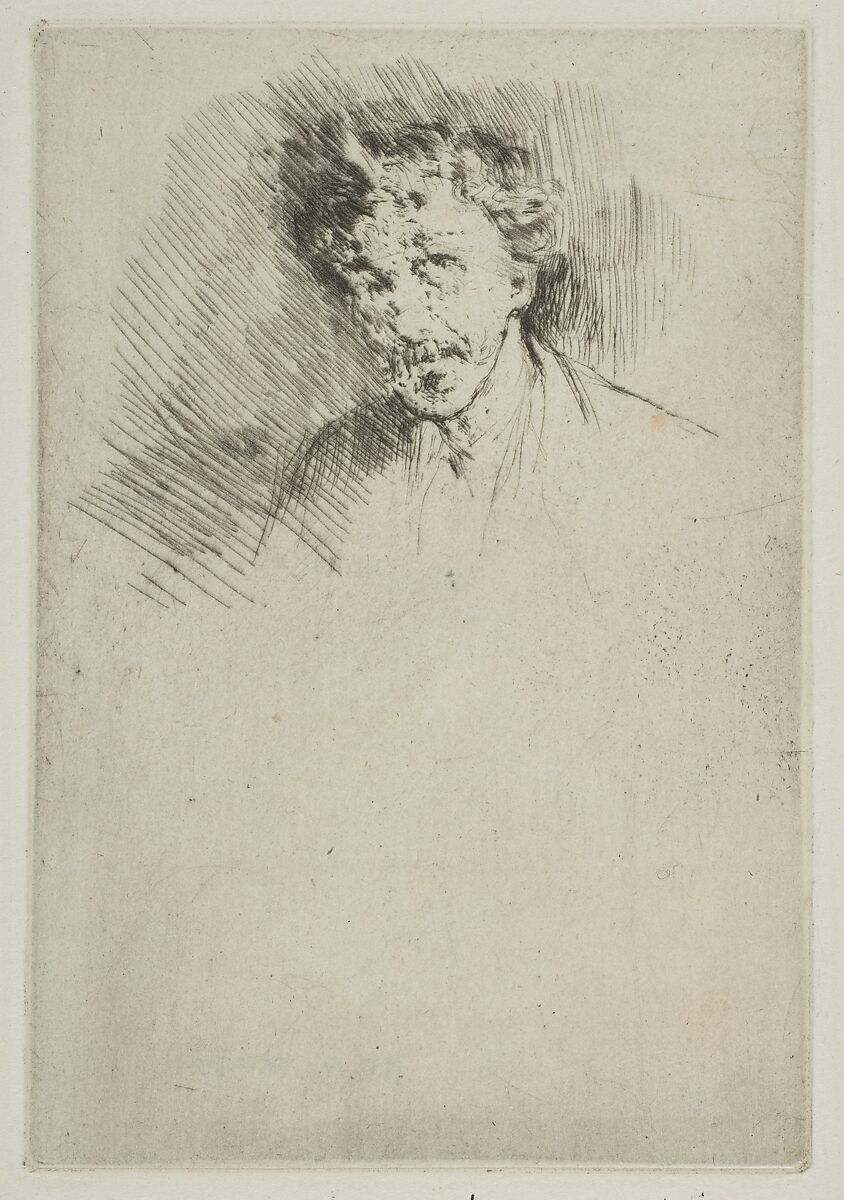 Whistler with the White Lock, James McNeill Whistler (American, Lowell, Massachusetts 1834–1903 London), Drypoint, printed in black ink on greenish laid paper; only state (Glasgow) 