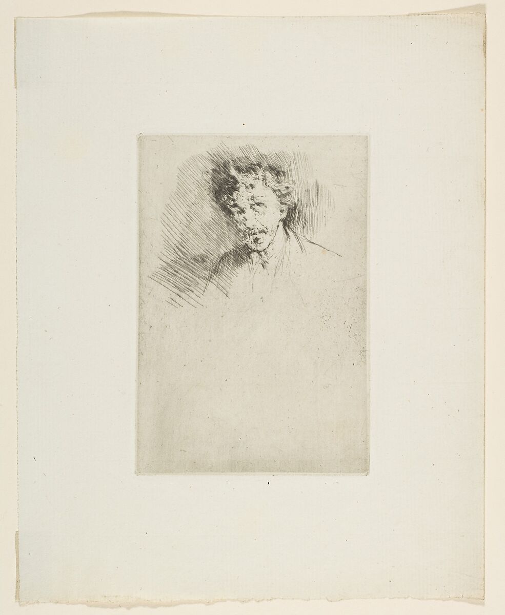 Whistler with the White Lock, James McNeill Whistler (American, Lowell, Massachusetts 1834–1903 London), Drypoint, printed in black ink on greenish laid paper; only state (Glasgow)