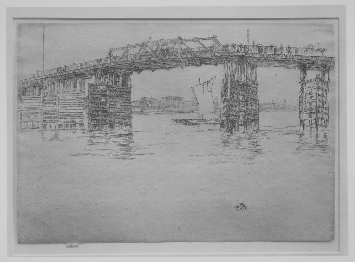 Old Battersea Bridge, James McNeill Whistler (American, Lowell, Massachusetts 1834–1903 London), Etching and drypoint, printed in dark brown ink on ivory laid paper; seventh state of seven (Glasgow)