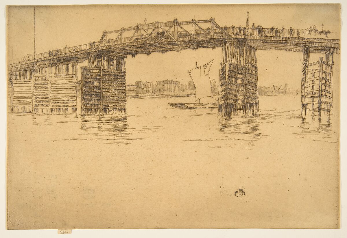 Old Battersea Bridge, James McNeill Whistler (American, Lowell, Massachusetts 1834–1903 London), Etching and drypoint, printed in dark brown ink on ivory laid paper; seventh state of seven (Glasgow) 