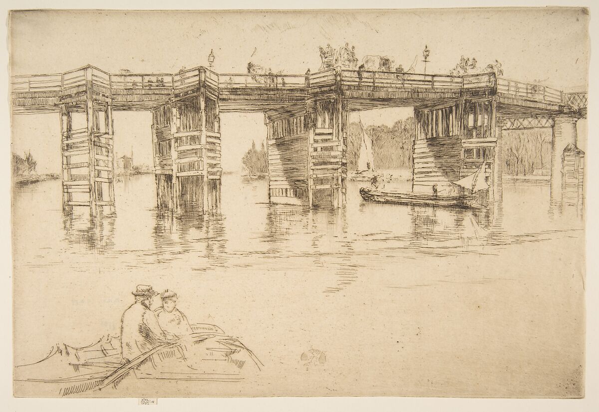 Old Putney Bridge, James McNeill Whistler (American, Lowell, Massachusetts 1834–1903 London), Etching and drypoint, printed in dark brown ink on ivory laid paper; seventh state of seven (Glasgow) 