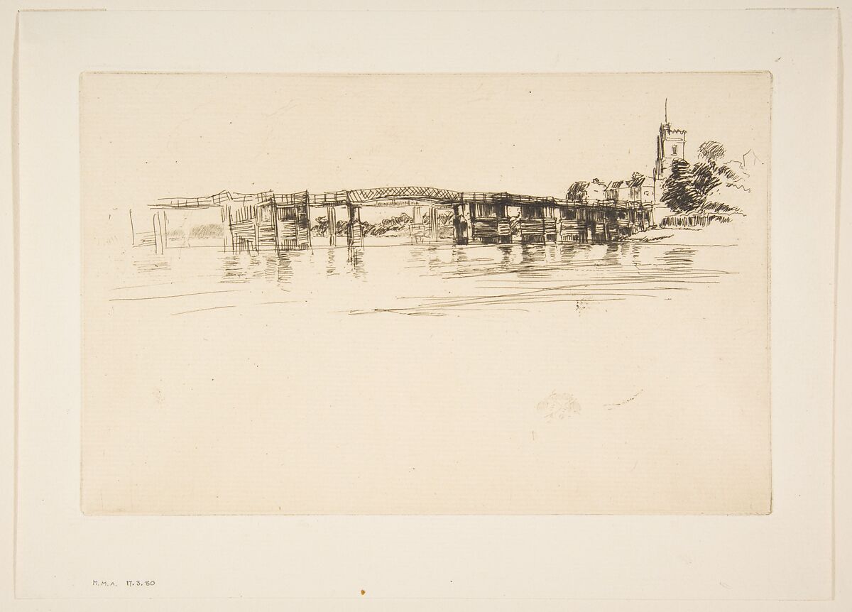The Little Putney, No. 1 (Little Putney Bridge), James McNeill Whistler (American, Lowell, Massachusetts 1834–1903 London), Etching and drypoint, printed in dark brownish-black ink on cream colored laid paper; fifth state of five (Glasgow); as published in 1883 