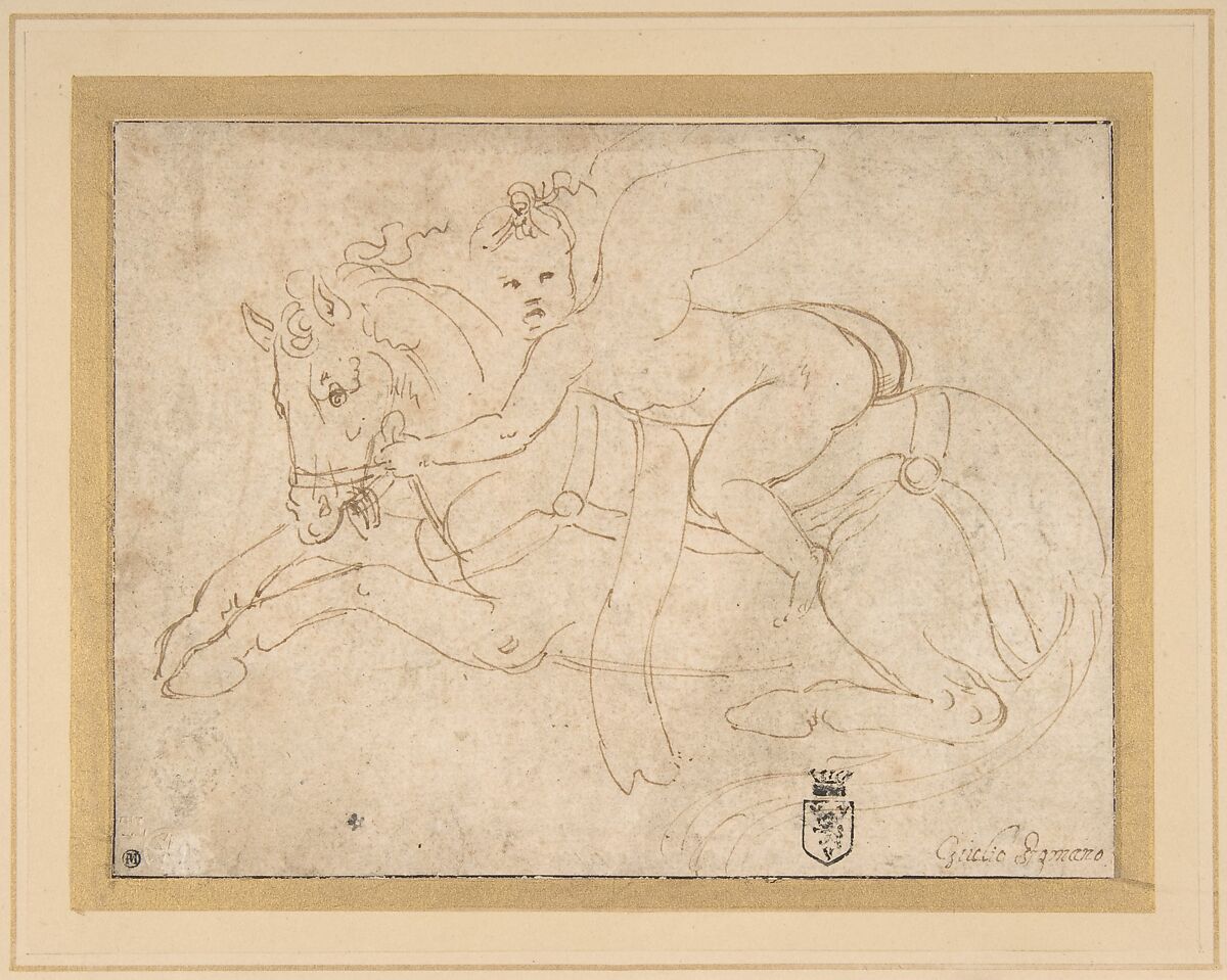 Winged Infant Riding a Crouching Horse, Giulio Romano (Italian, Rome 1499?–1546 Mantua), Pen and brown ink 