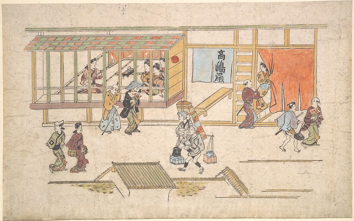 Scene in the Yoshiwara, Hishikawa Moronobu 菱川師宣 (Japanese, 1618–1694), Woodblock print; ink and color on paper, Japan 