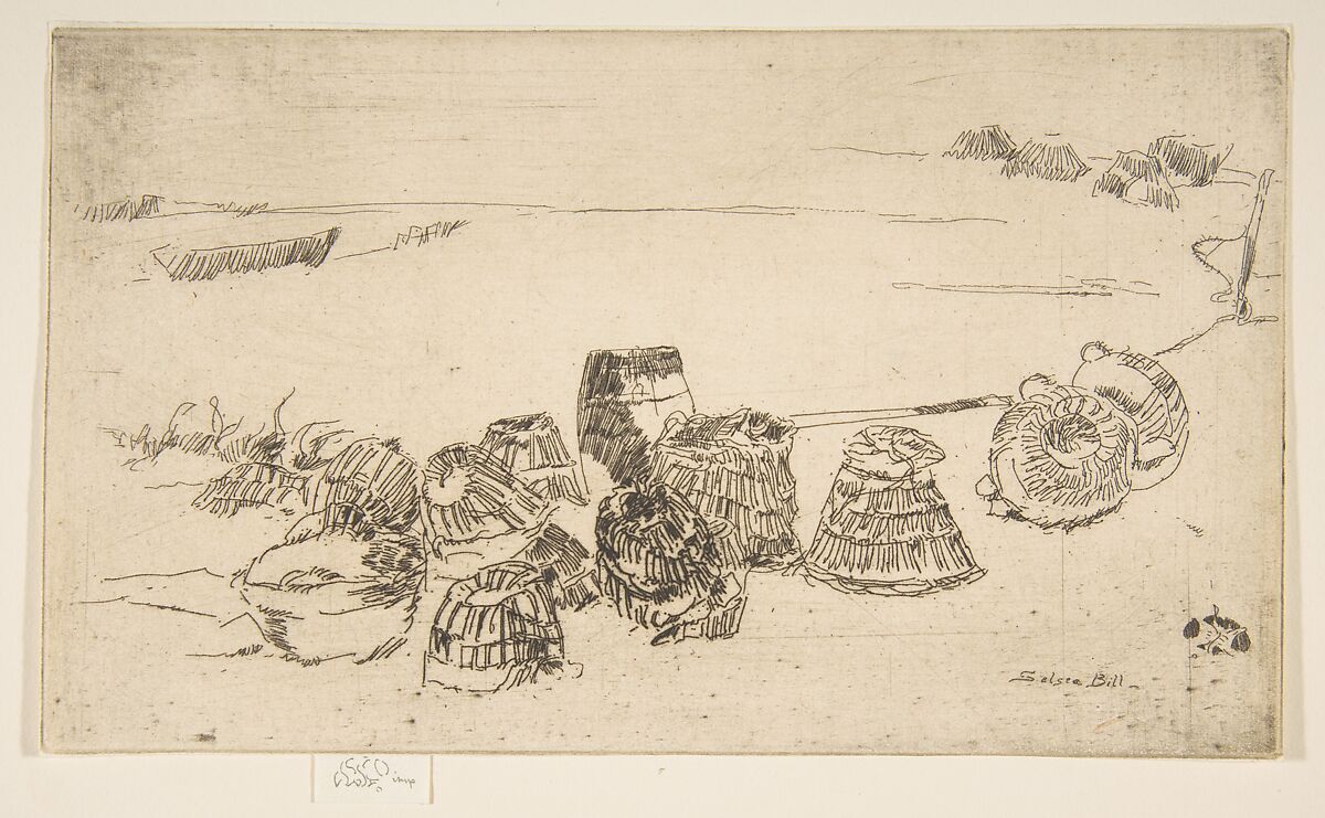 Lobster Pots (Lobster Pots – Selsea Bill), James McNeill Whistler (American, Lowell, Massachusetts 1834–1903 London), Etching, printed in black ink on medium weight ivory laid paper; second state of four (Glasgow) 