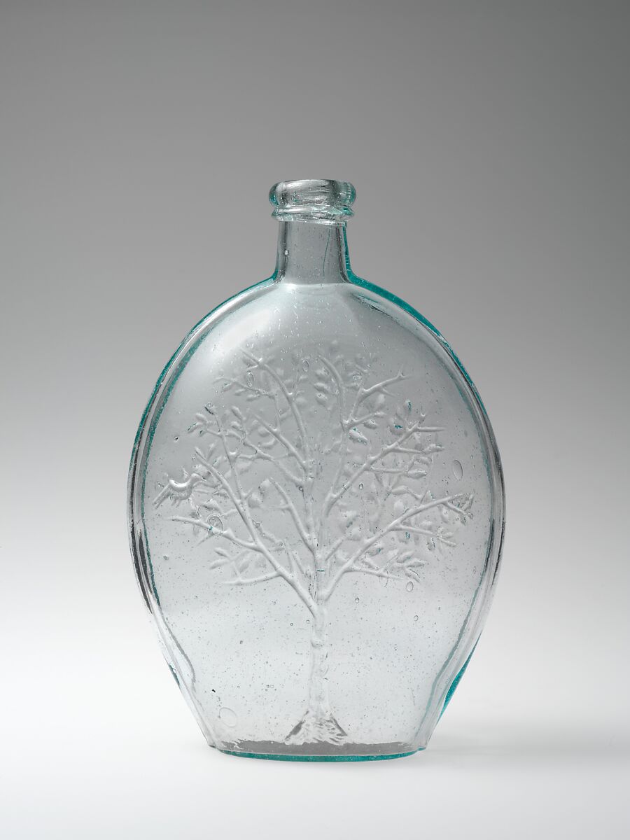 Figured flask, Blown-molded glass, American